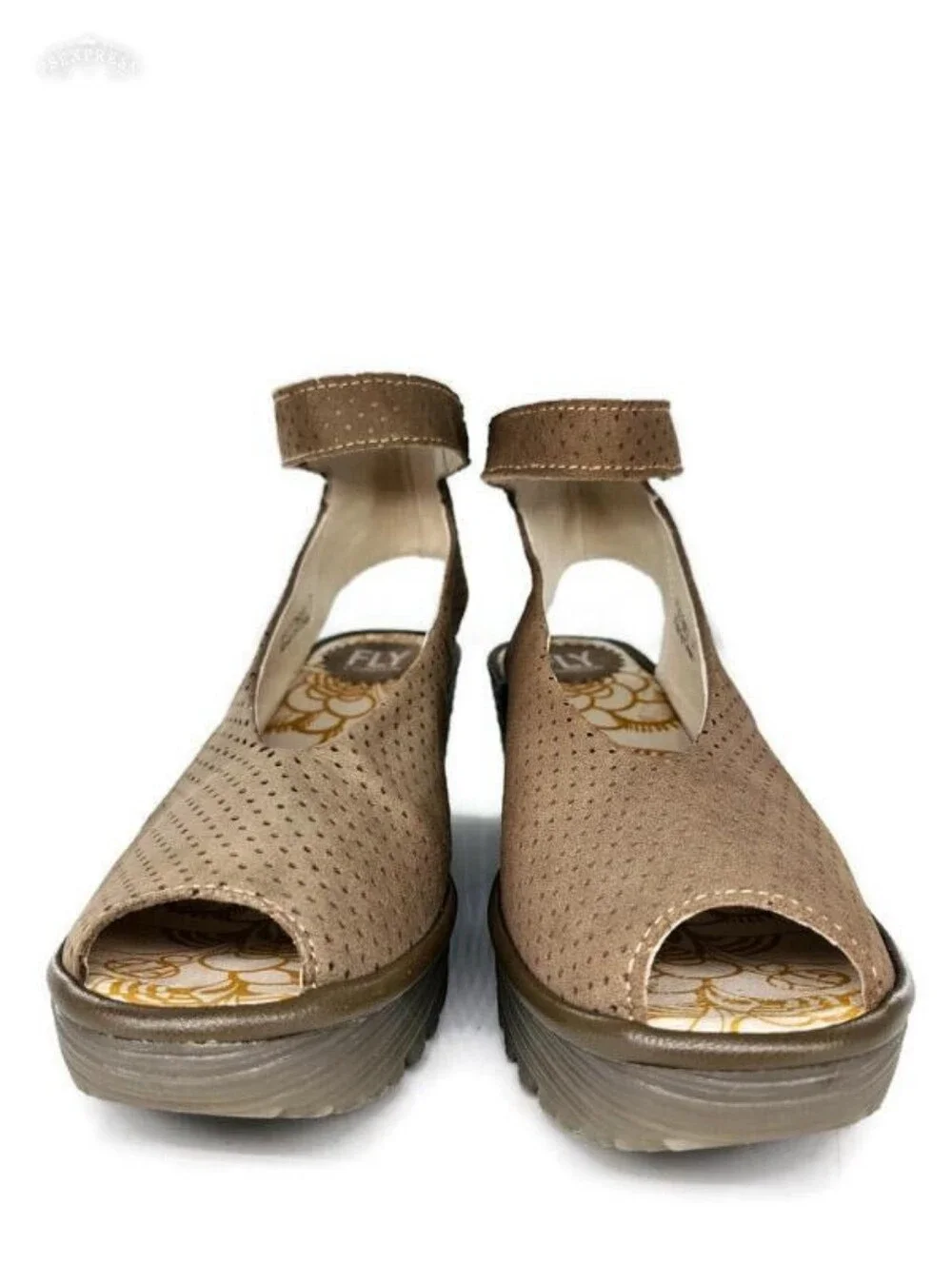 Fly London Yala Taupe Perforated Leather Ankle Strap Peep-Toe Wedge Heel Sandals